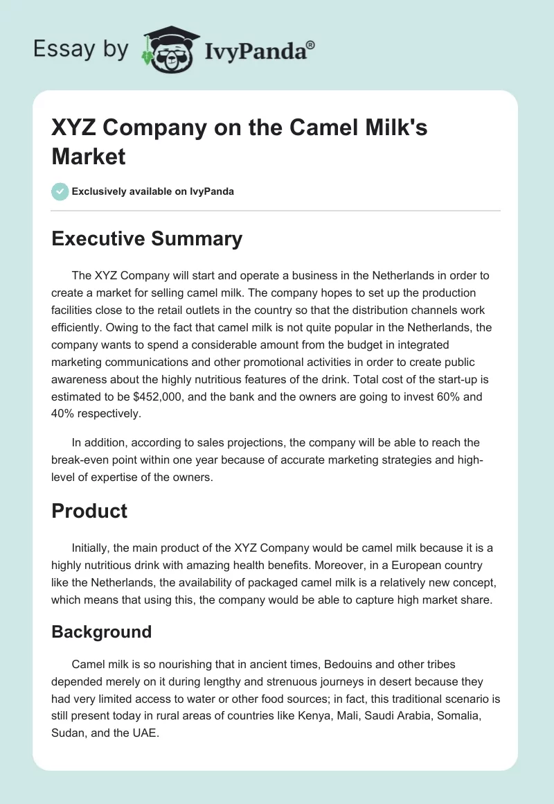 XYZ Company on the Camel Milk's Market. Page 1