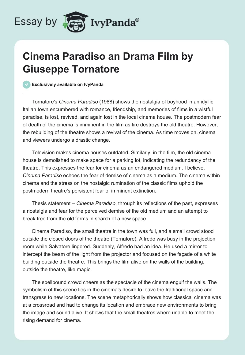 "Cinema Paradiso" an Drama Film by Giuseppe Tornatore. Page 1