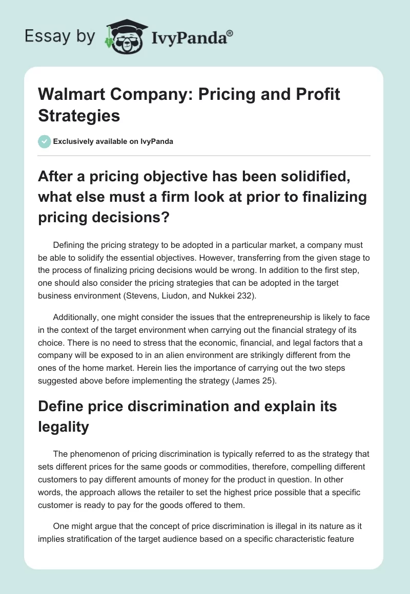 Walmart Company: Pricing and Profit Strategies. Page 1