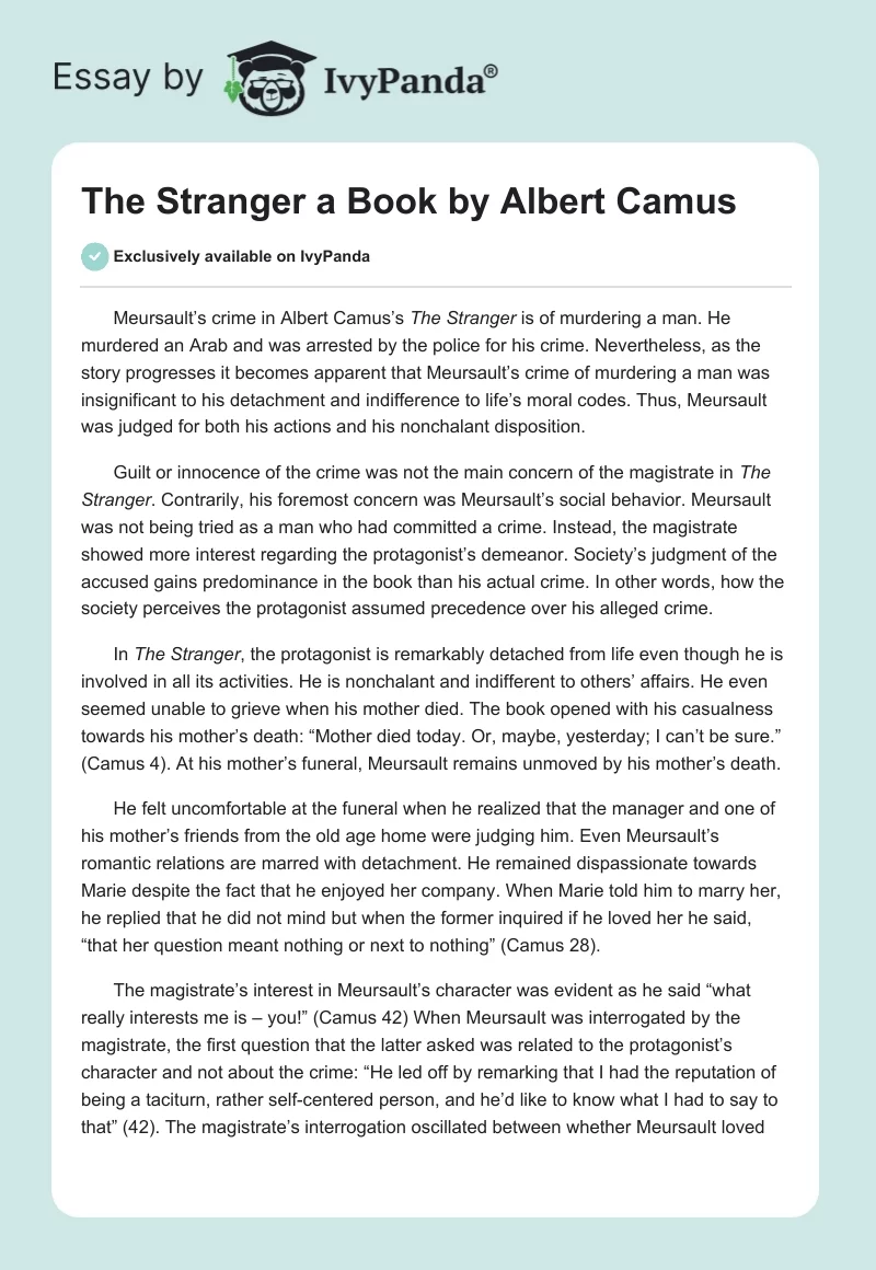 "The Stranger" a Book by Albert Camus. Page 1