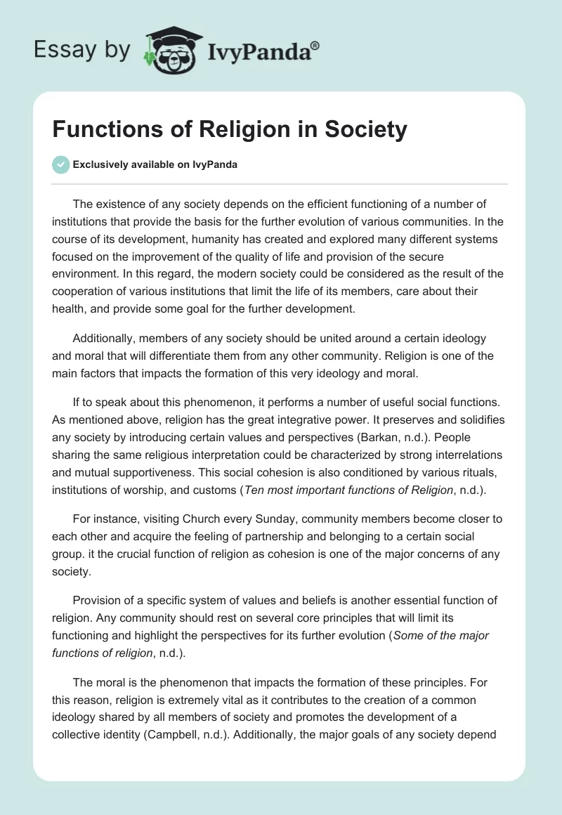 Functions of Religion in Society. Page 1