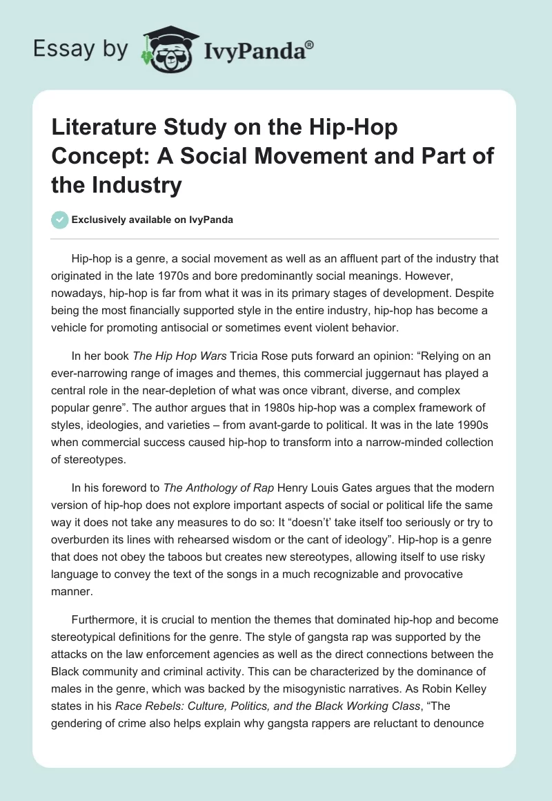Literature Study on the Hip-Hop Concept: A Social Movement and Part of the Industry. Page 1