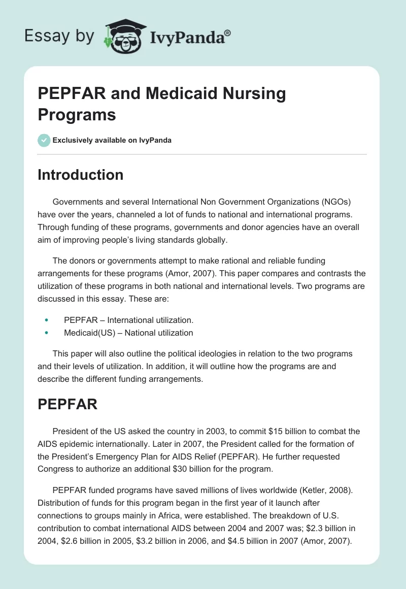PEPFAR and Medicaid Nursing Programs. Page 1