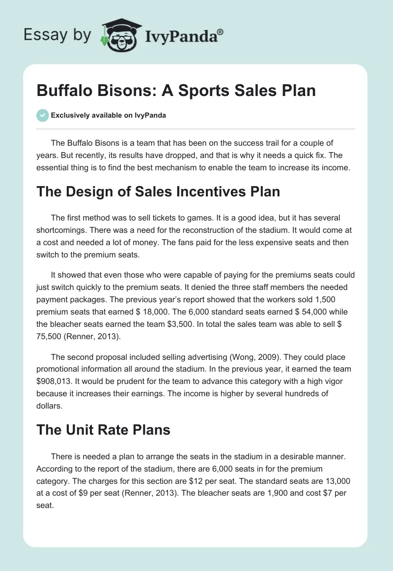 Buffalo Bisons: A Sports Sales Plan. Page 1