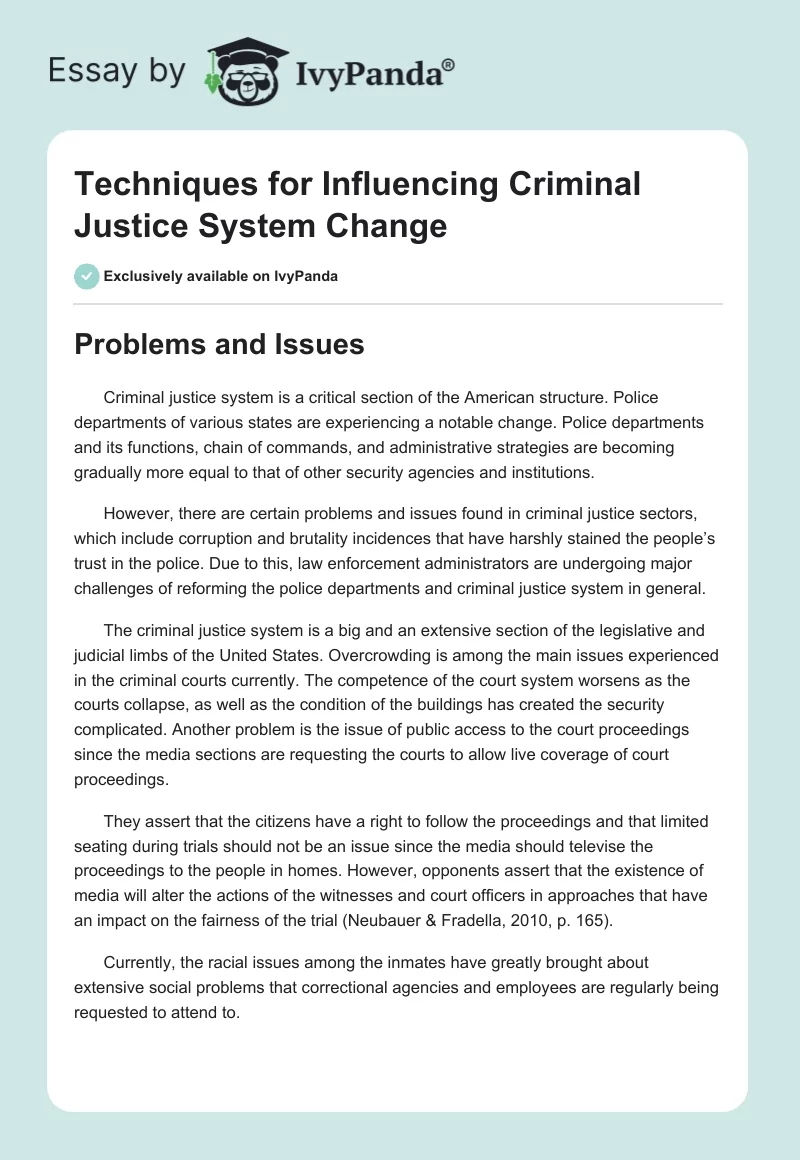 Techniques for Influencing Criminal Justice System Change. Page 1