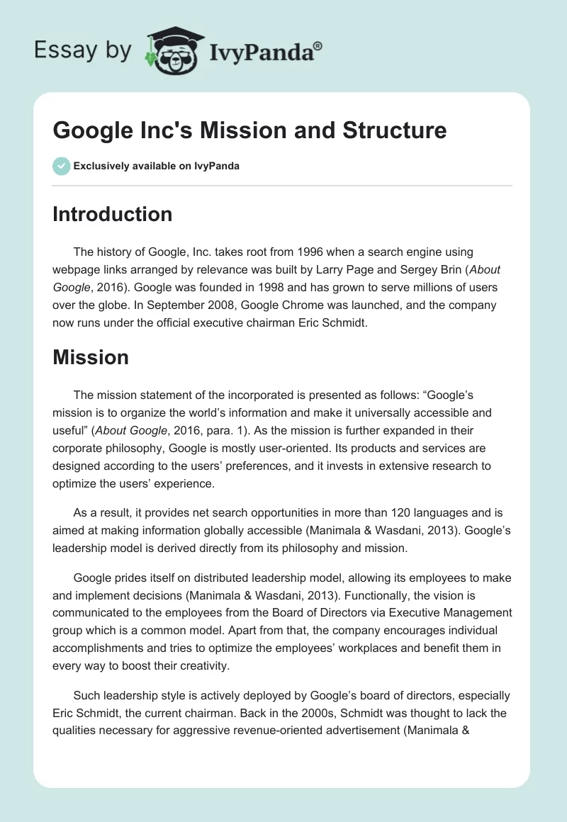 Google Inc's Mission and Structure. Page 1