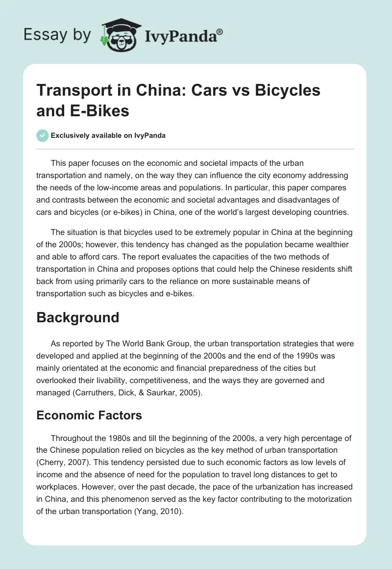 Transport in China: Cars vs Bicycles and E-Bikes. Page 1