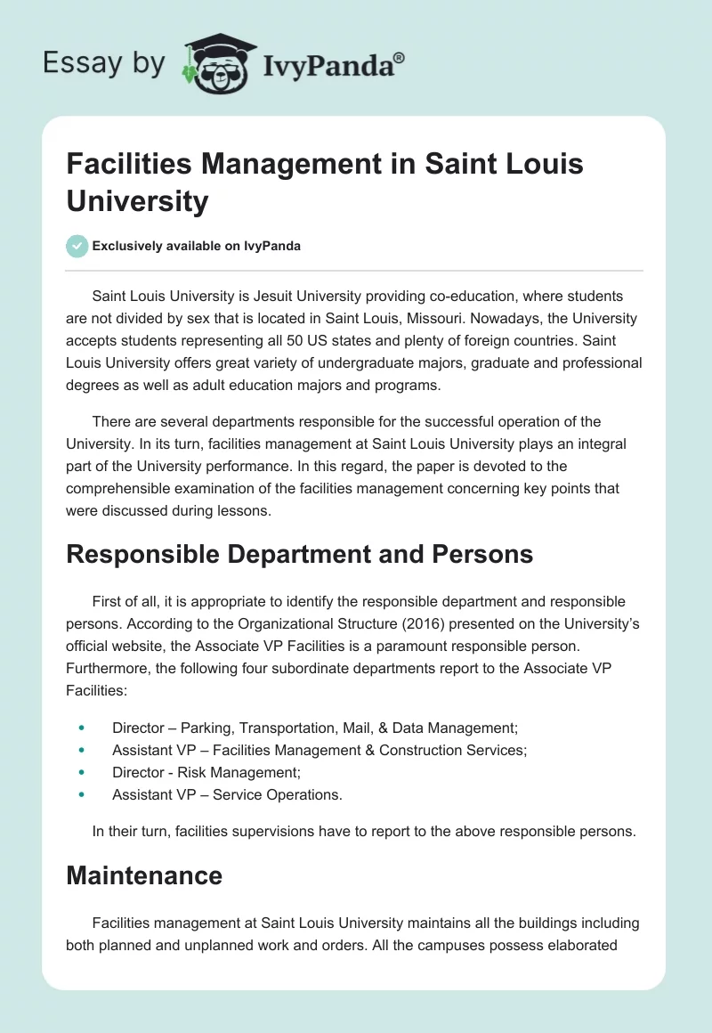 Facilities Management in Saint Louis University. Page 1