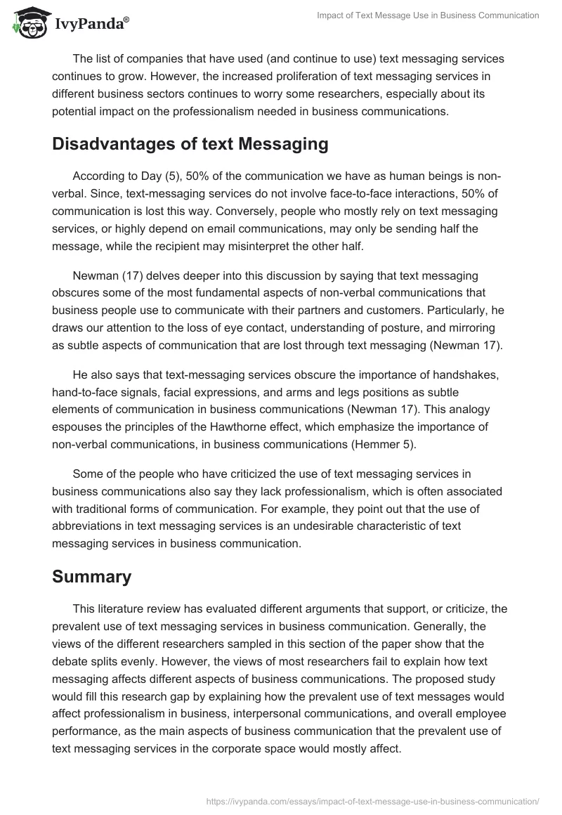 Impact of Text Message Use in Business Communication. Page 5