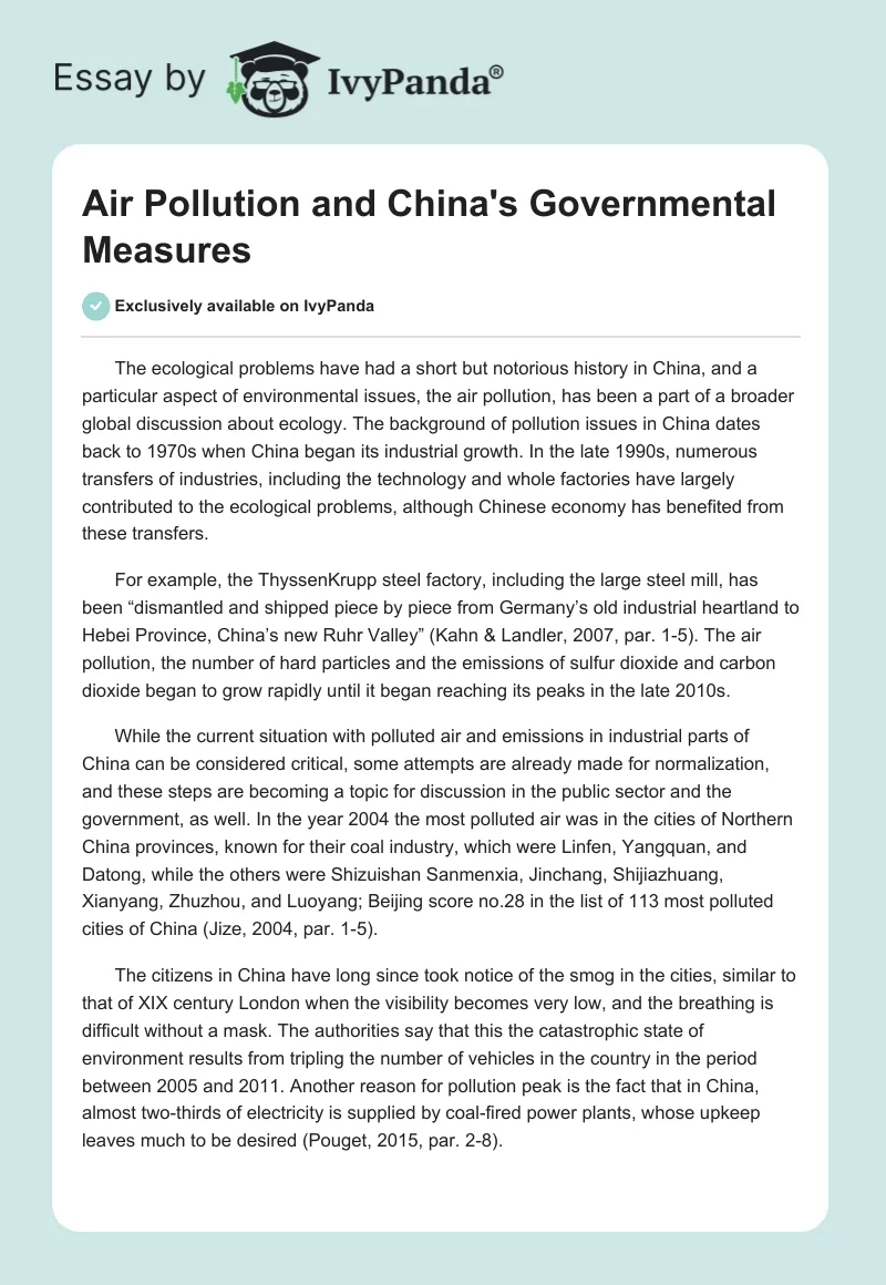 Air Pollution and China's Governmental Measures. Page 1
