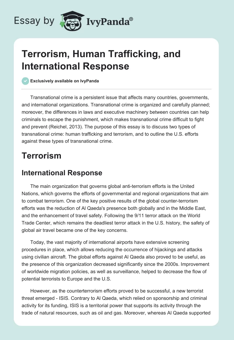 Terrorism, Human Trafficking, and International Response. Page 1