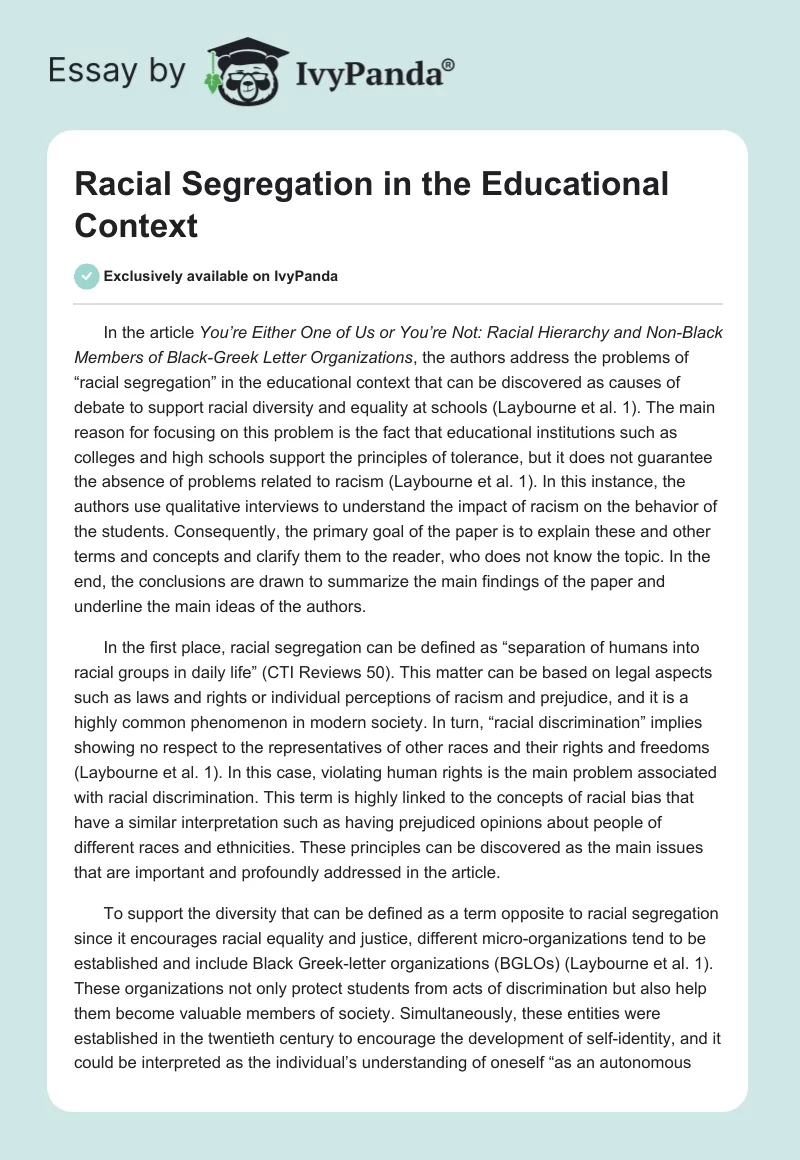 Racial Segregation in the Educational Context. Page 1