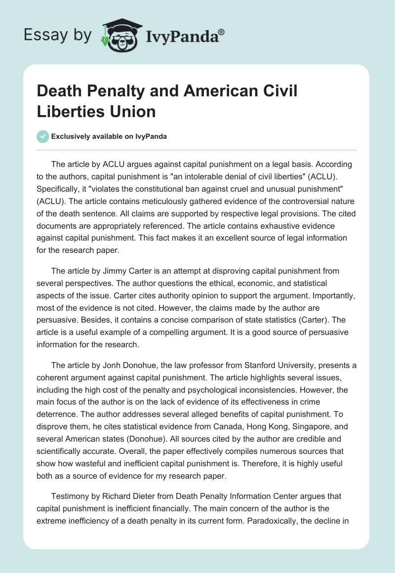 Death Penalty and American Civil Liberties Union. Page 1