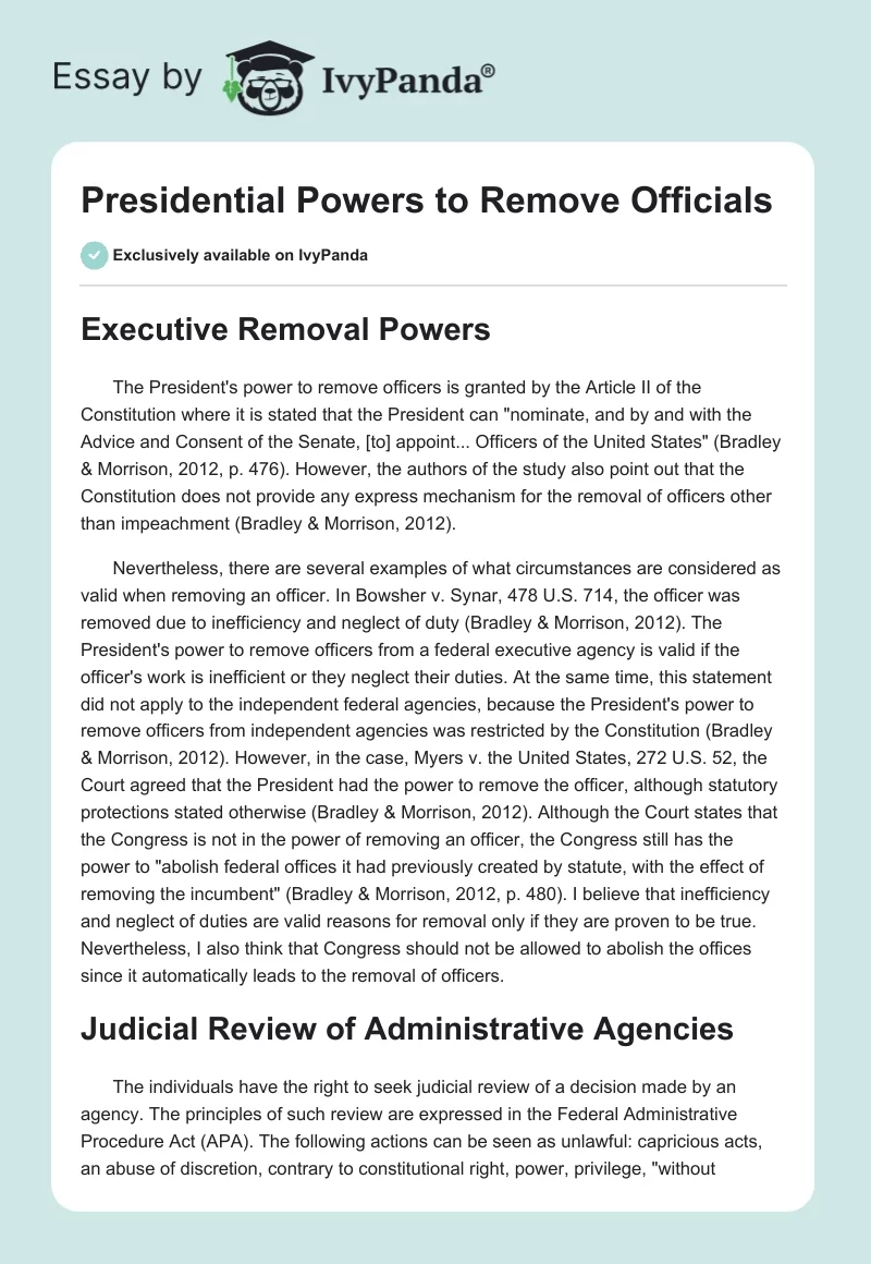 Presidential Powers to Remove Officials. Page 1