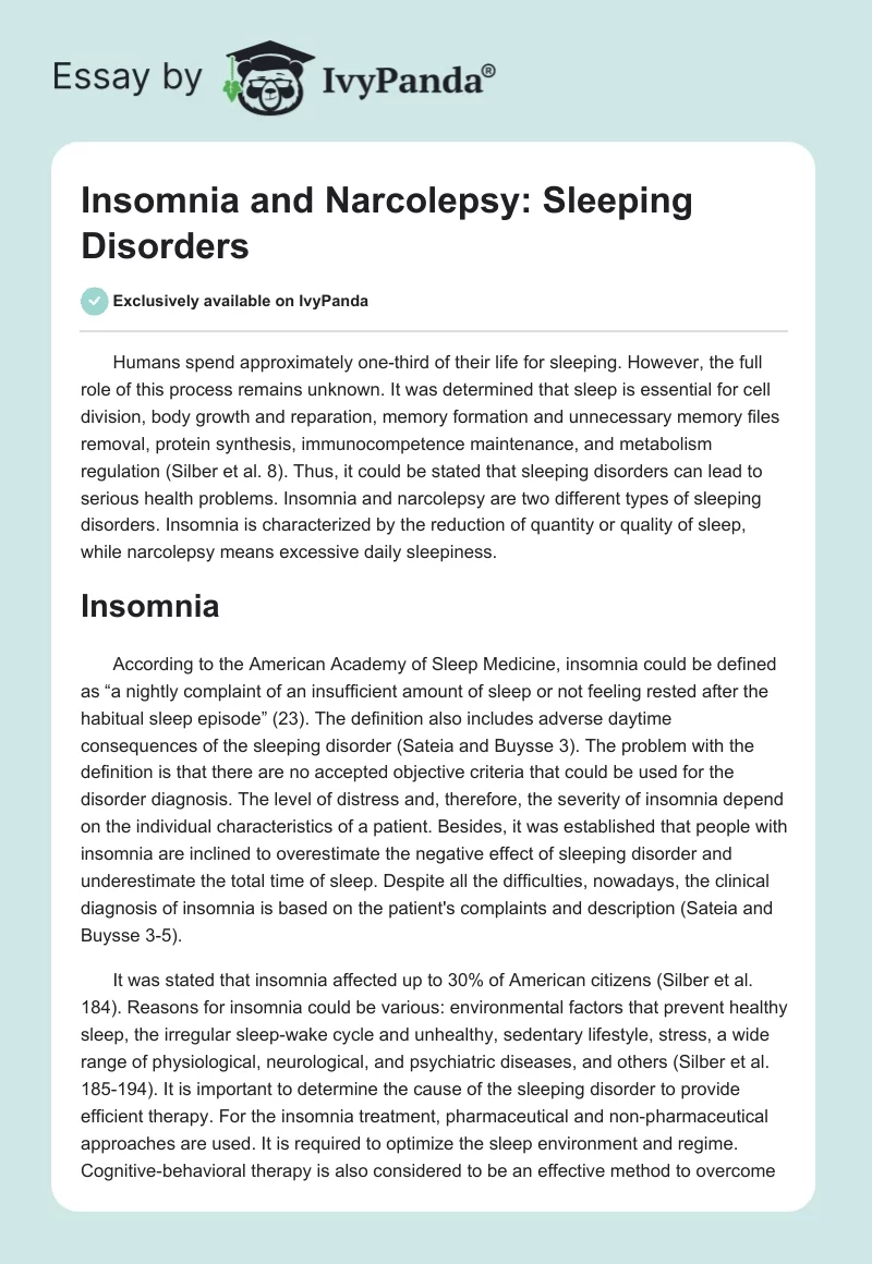 Insomnia and Narcolepsy: Sleeping Disorders - 647 Words | Research ...