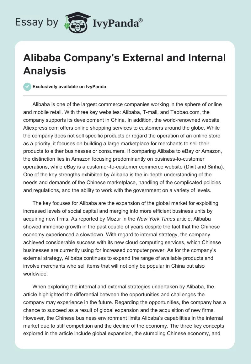 Alibaba Company's External and Internal Analysis. Page 1
