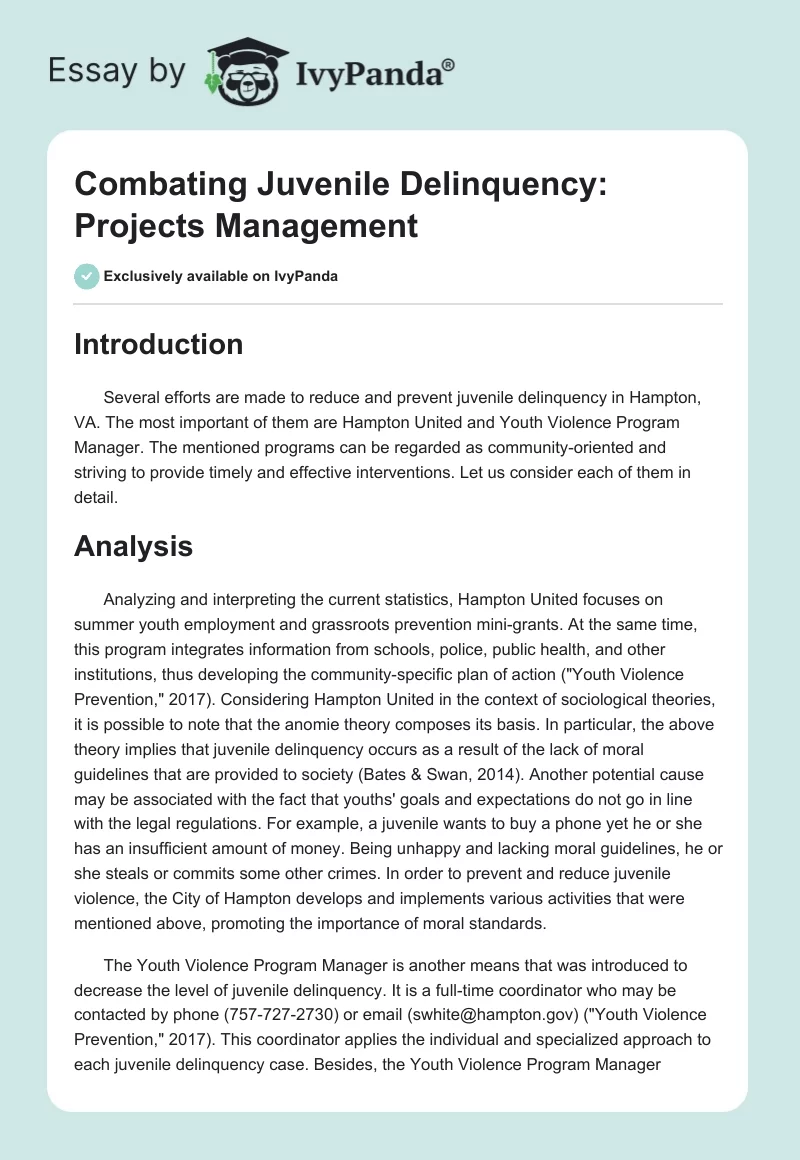 Combating Juvenile Delinquency: Projects Management. Page 1