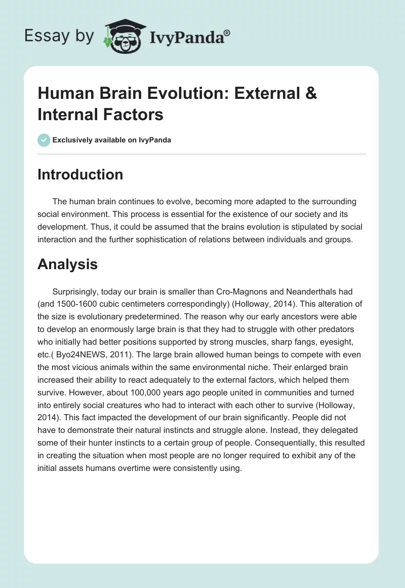 Human Brain Evolution: External & Internal Factors. Page 1