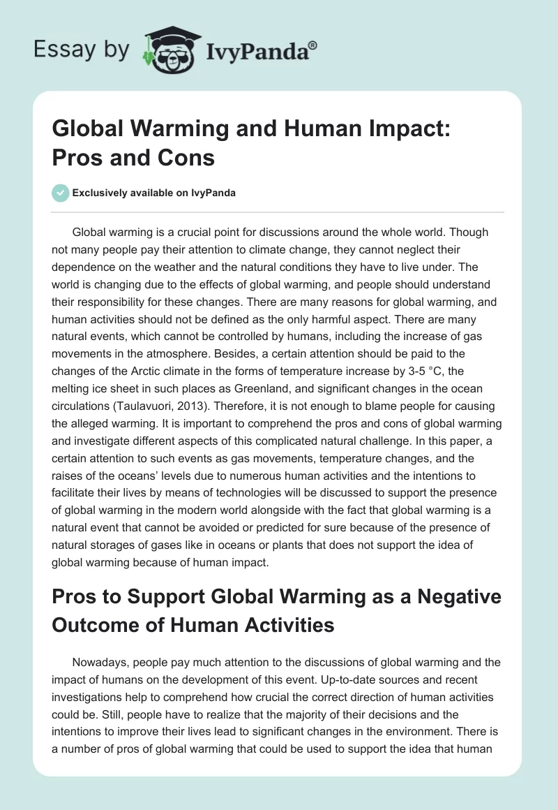 Global Warming and Human Impact: Pros and Cons. Page 1