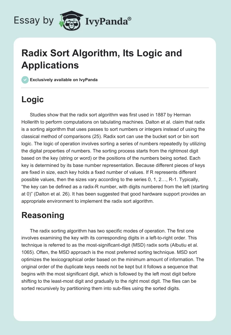 Radix Sort Algorithm, Its Logic and Applications. Page 1