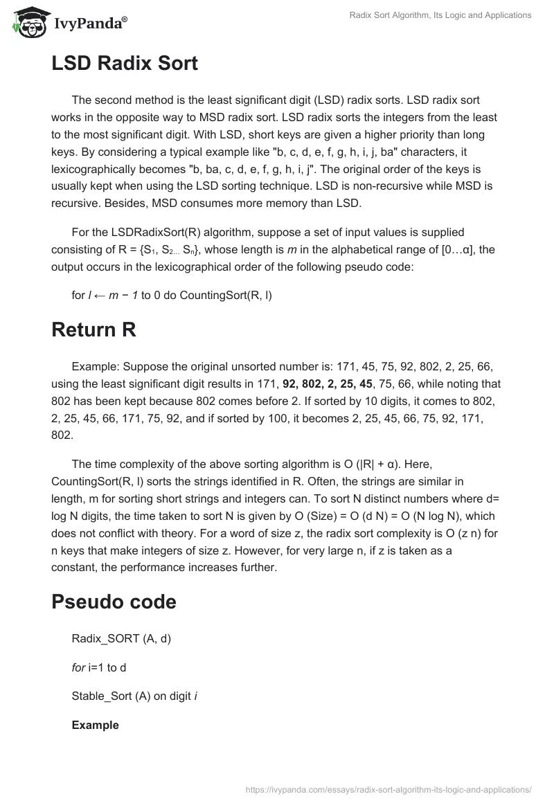 Radix Sort Algorithm, Its Logic and Applications. Page 2