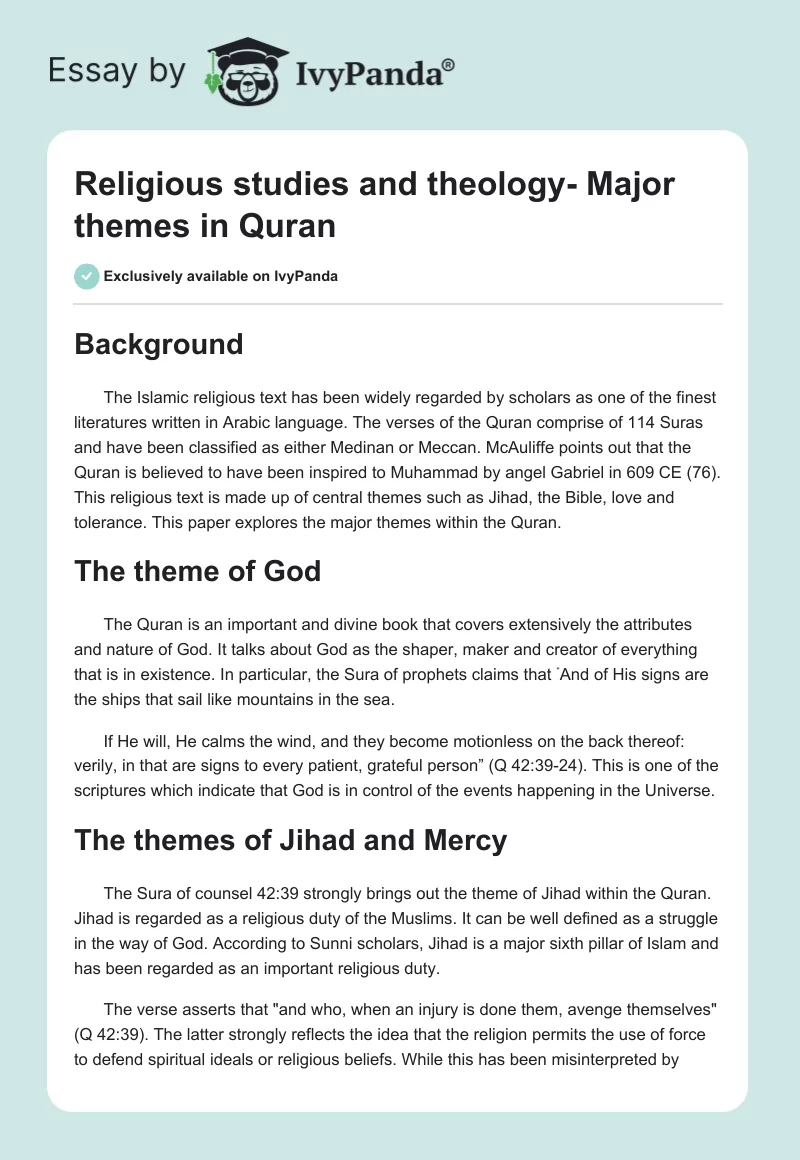 Religious Studies and Theology- Major Themes in Quran. Page 1