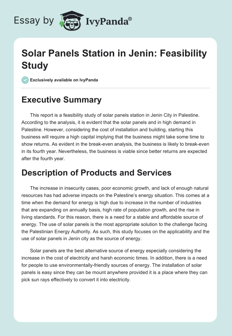 Solar Panels Station in Jenin: Feasibility Study. Page 1