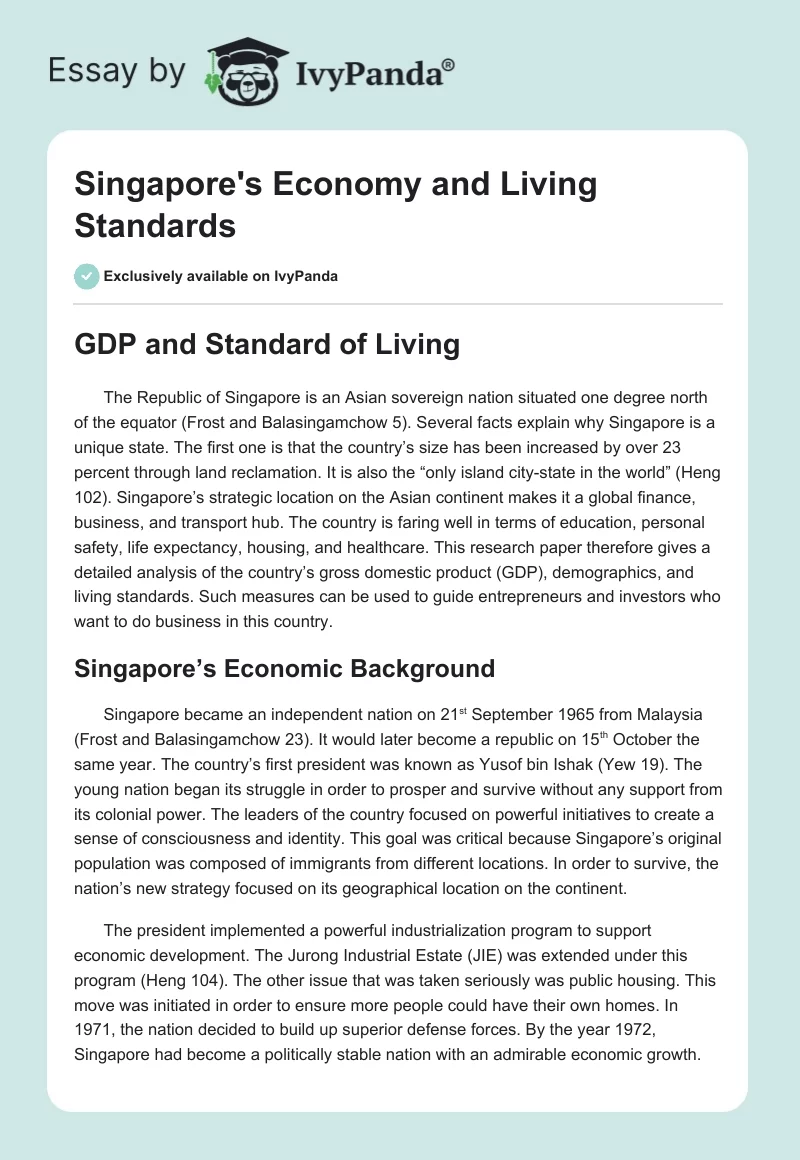 Singapore's Economy and Living Standards. Page 1