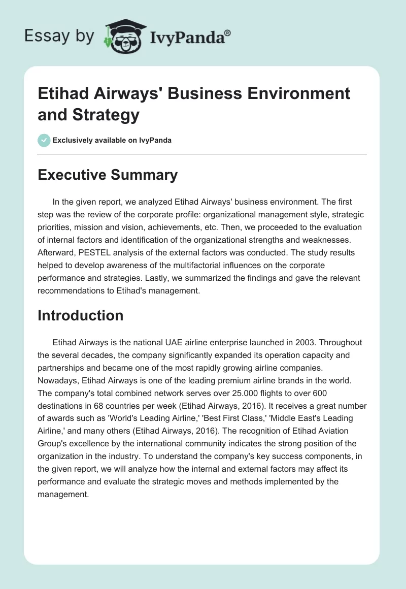 Etihad Airways' Business Environment and Strategy. Page 1