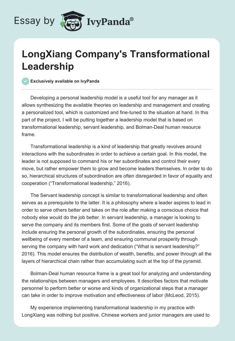 LongXiang Company's Transformational Leadership. Page 1