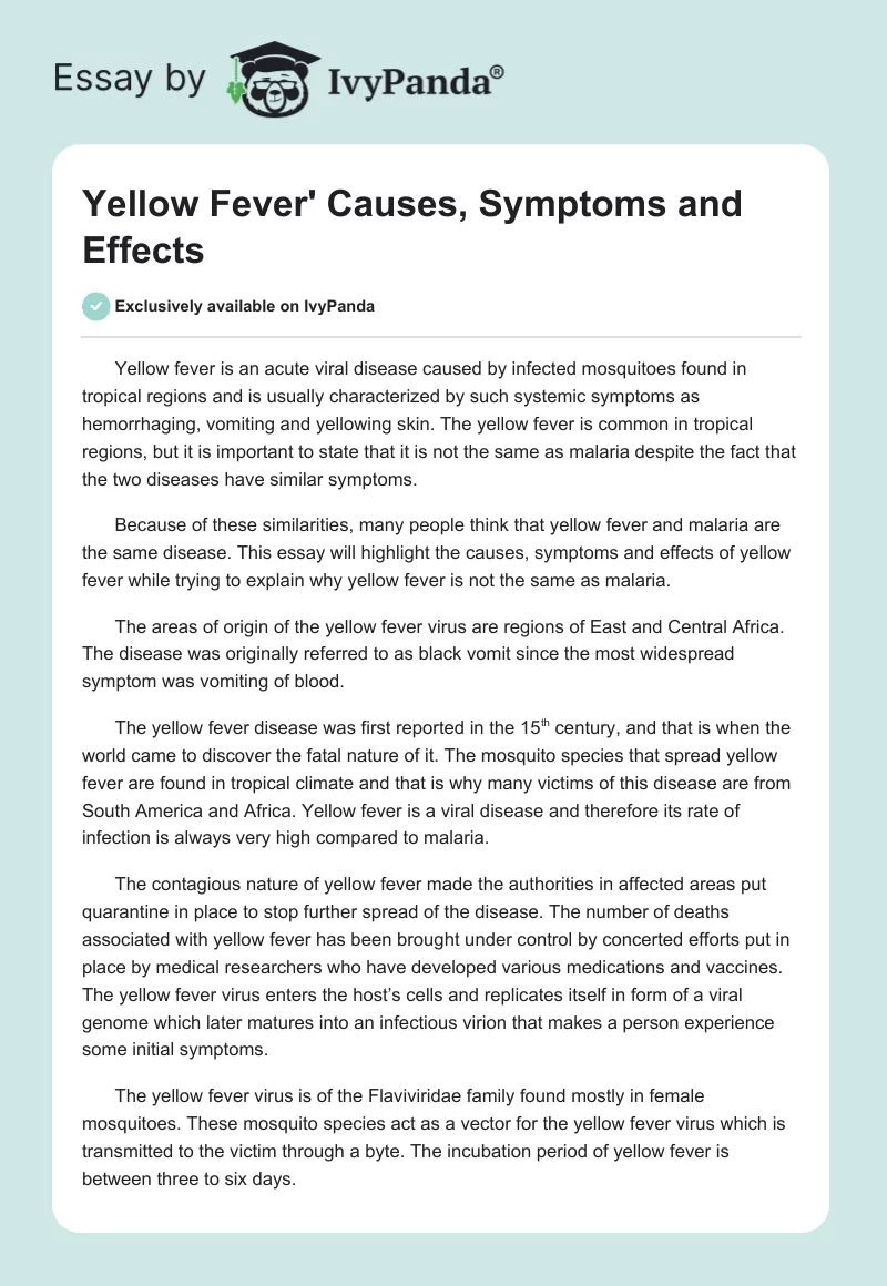 Yellow Fever' Causes, Symptoms and Effects. Page 1