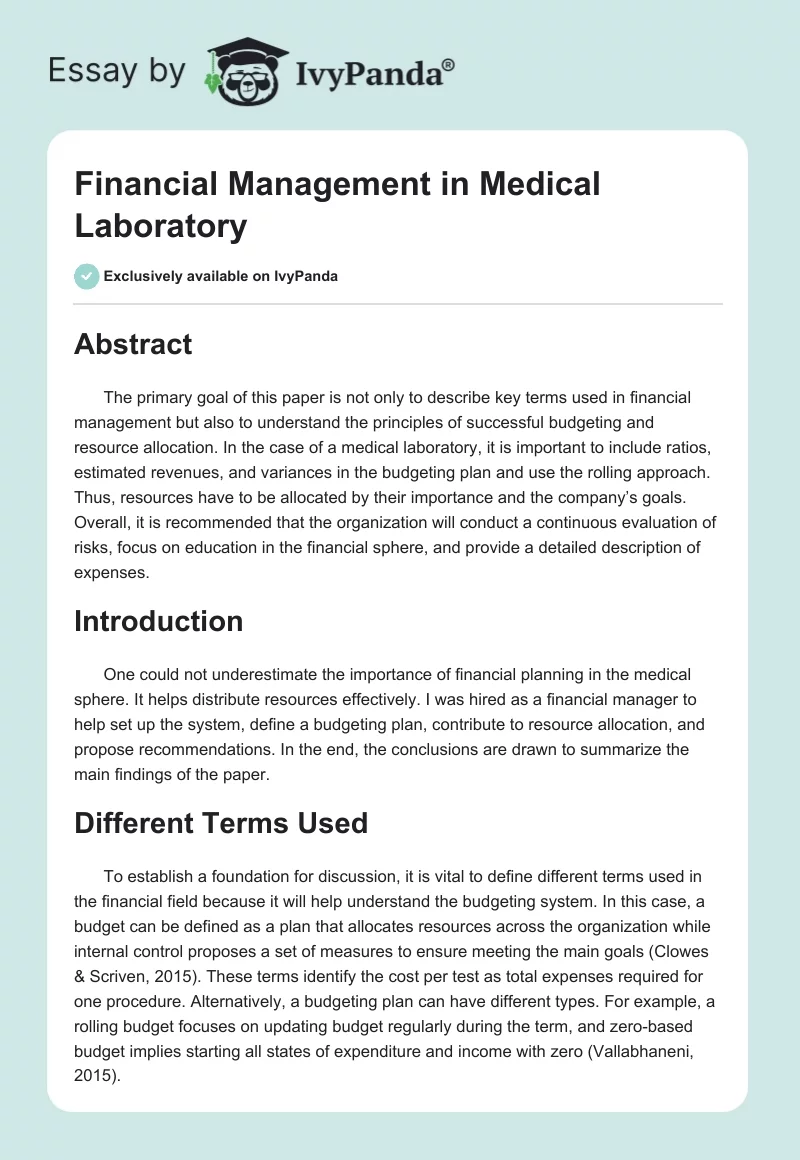 Financial Management in Medical Laboratory. Page 1