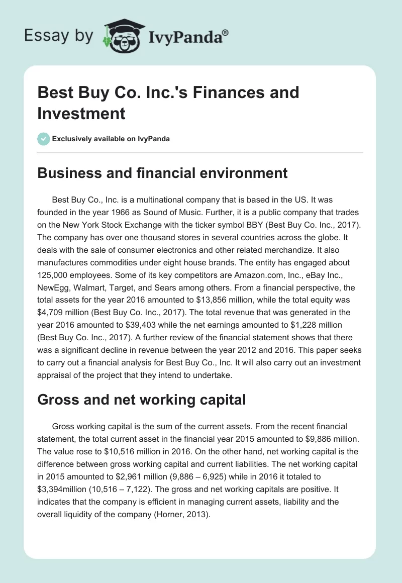 Best Buy Co. Inc.'s Finances and Investment. Page 1