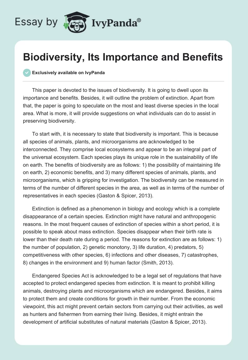 Biodiversity, Its Importance and Benefits. Page 1