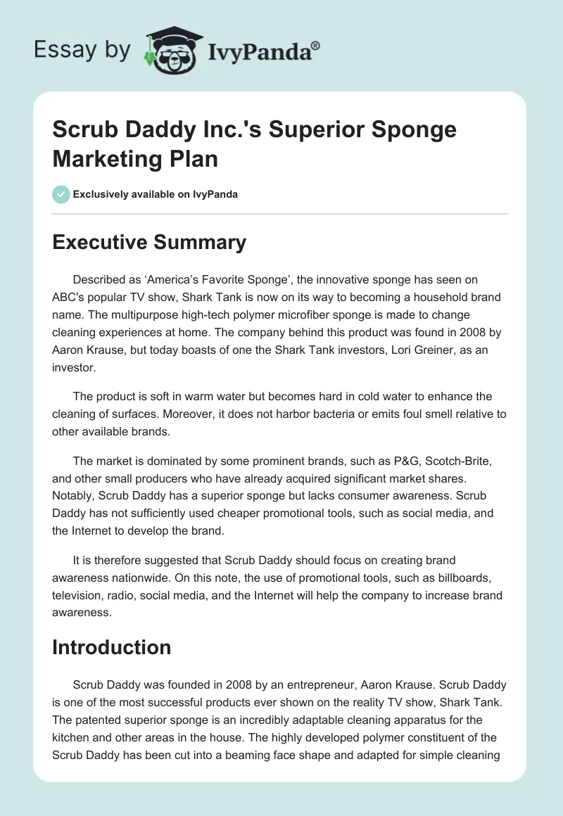 Scrub Daddy Inc.'s Superior Sponge Marketing Plan. Page 1