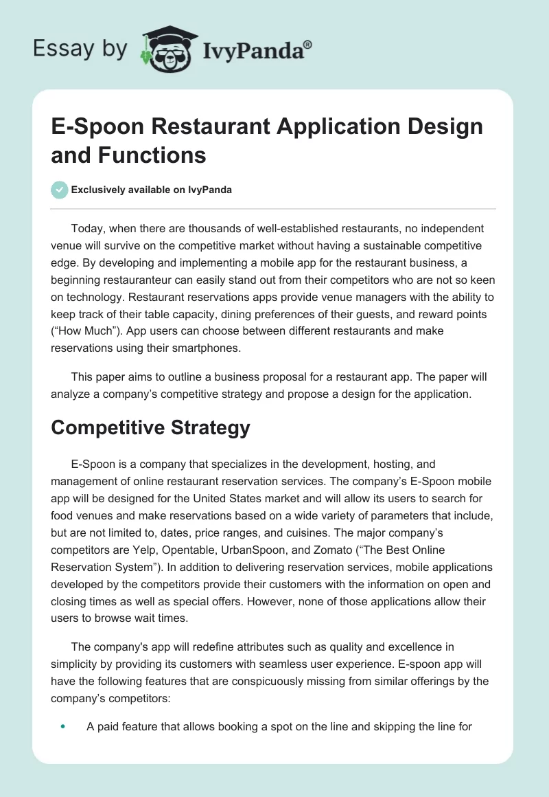 E-Spoon Restaurant Application Design and Functions. Page 1