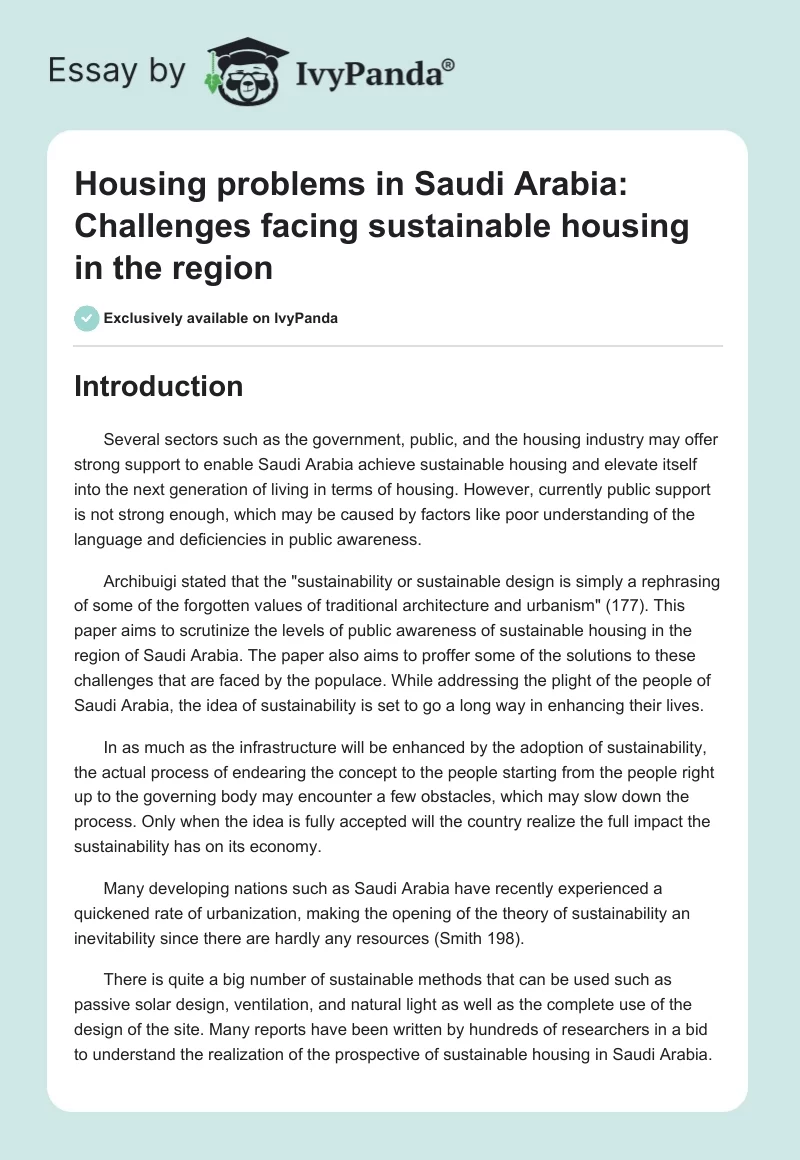Housing Problems in Saudi Arabia: Challenges Facing Sustainable Housing in the Region. Page 1