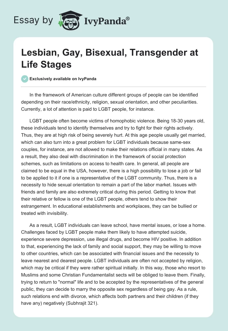 Lesbian, Gay, Bisexual, Transgender at Life Stages. Page 1