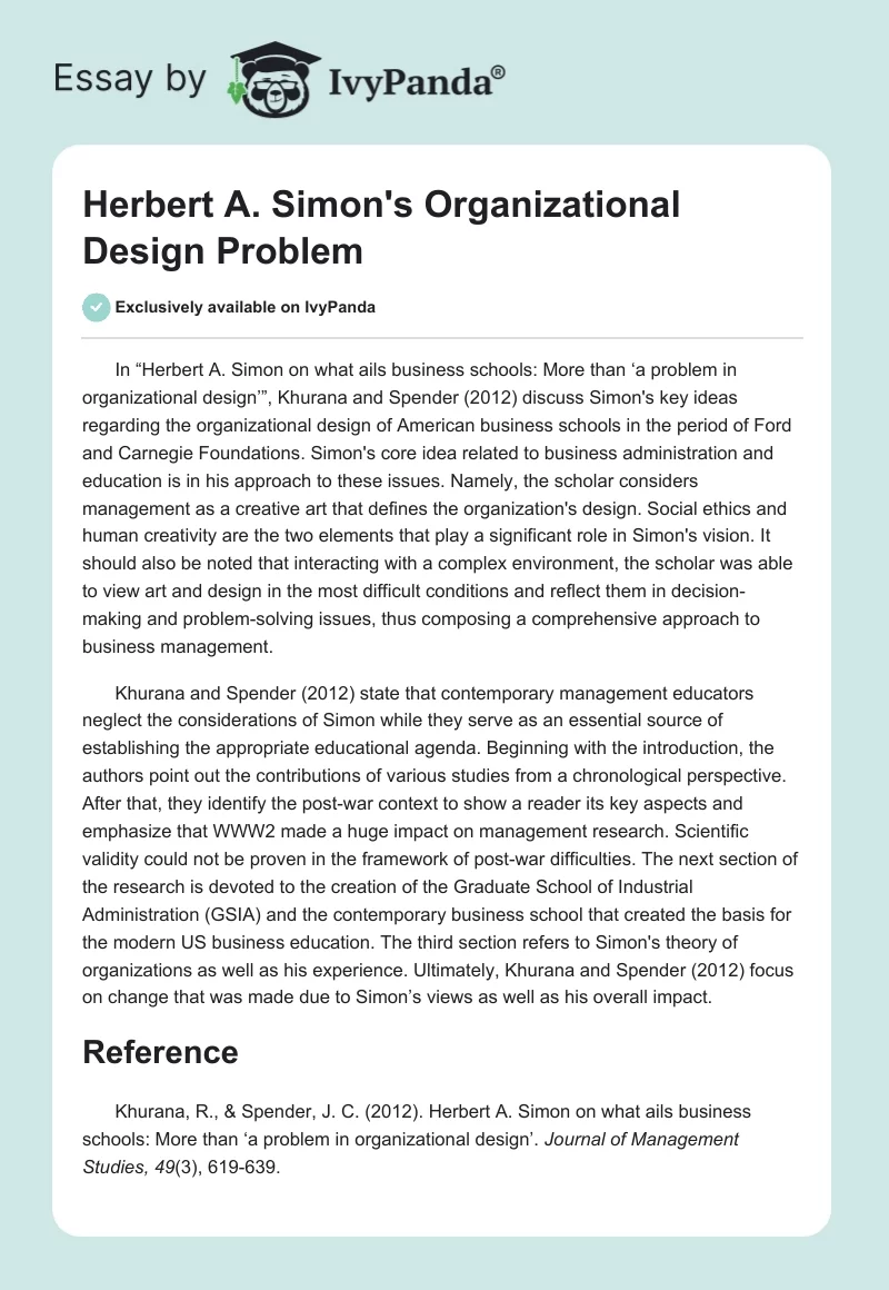 Herbert A. Simon's Organizational Design Problem. Page 1