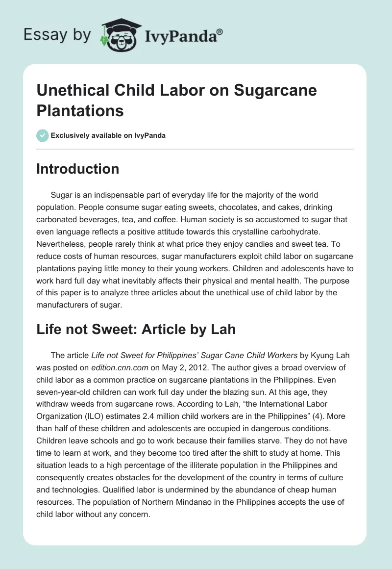 Unethical Child Labor on Sugarcane Plantations. Page 1