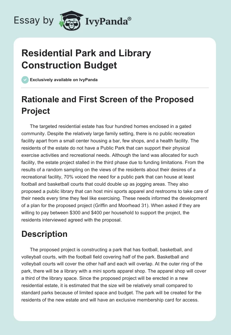 Residential Park and Library Construction Budget. Page 1
