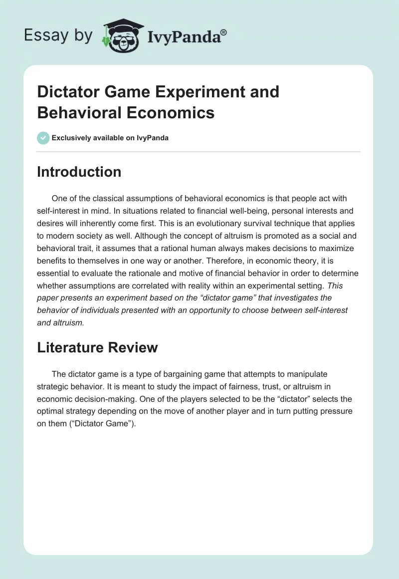Dictator Game Experiment and Behavioral Economics. Page 1