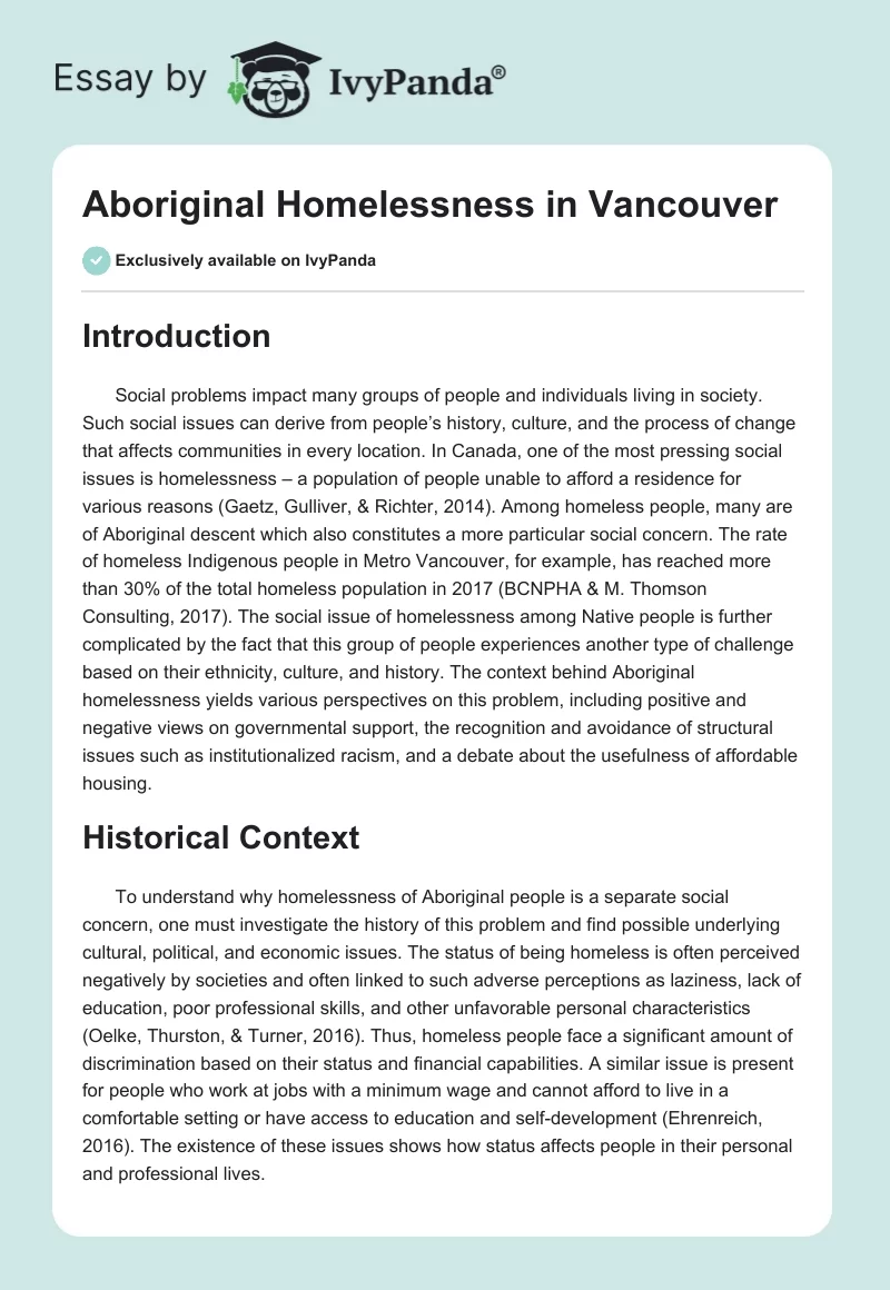 Aboriginal Homelessness in Vancouver. Page 1