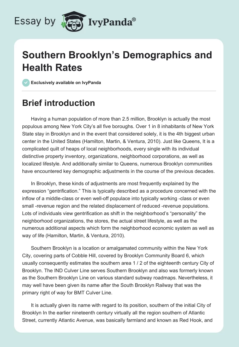 Southern Brooklyn’s Demographics and Health Rates. Page 1