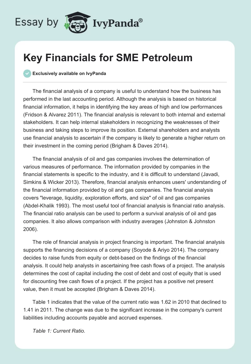 Key Financials for SME Petroleum. Page 1