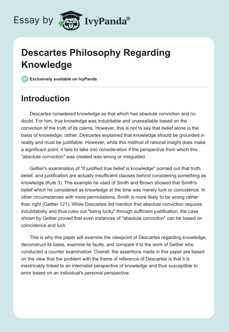 Descartes Philosophy Regarding Knowledge. Page 1