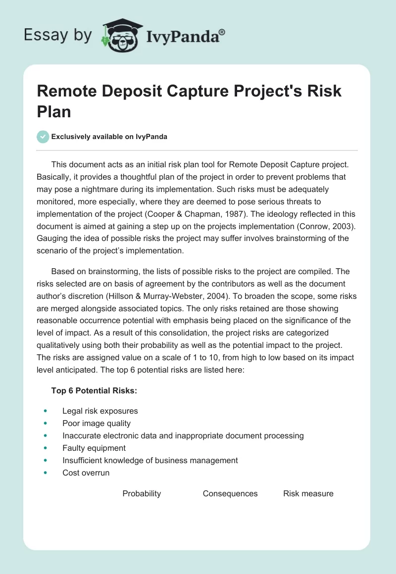 Remote Deposit Capture Project's Risk Plan. Page 1