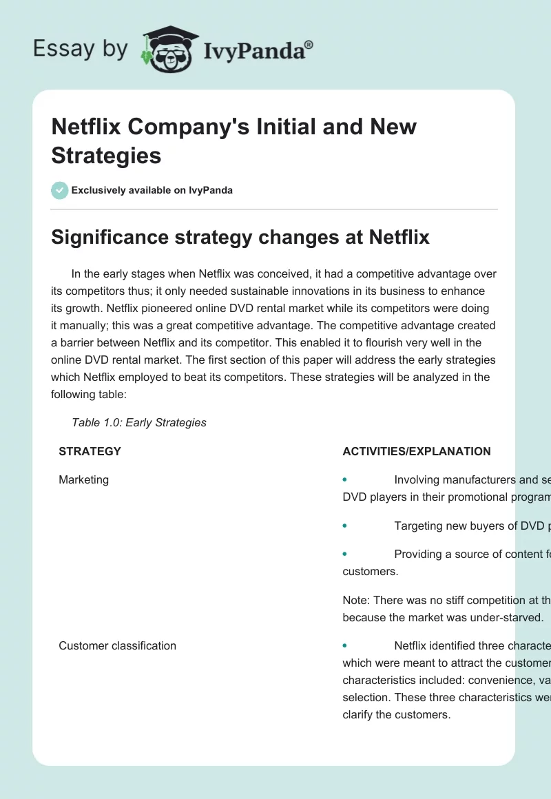 Netflix Company's Initial and New Strategies. Page 1