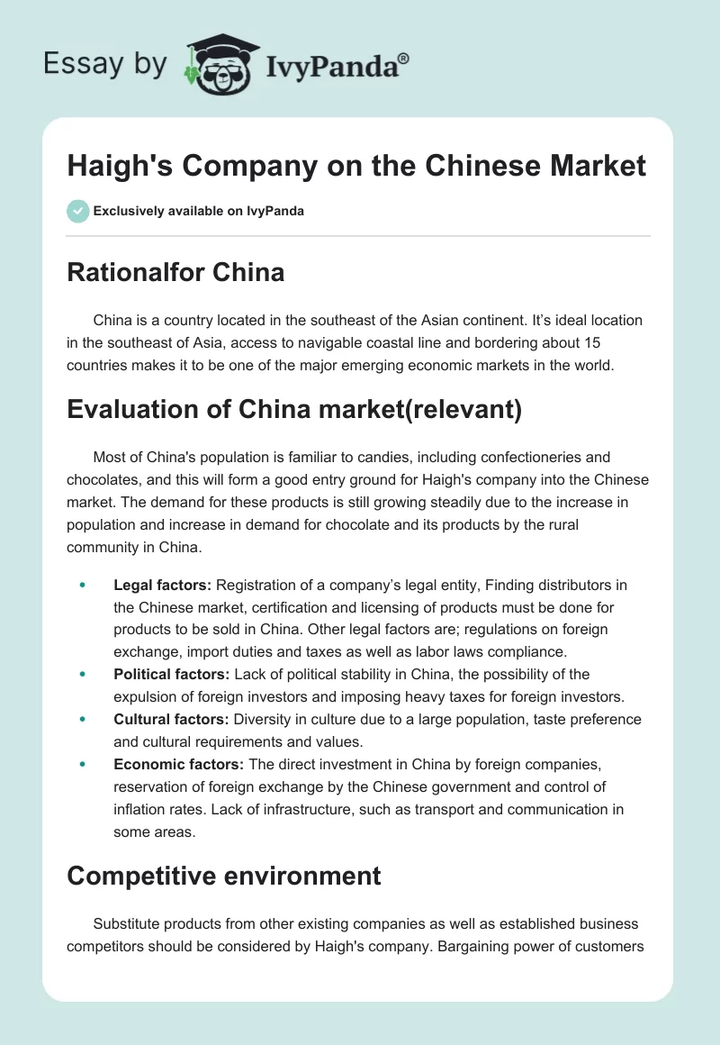 Haigh's Company on the Chinese Market. Page 1