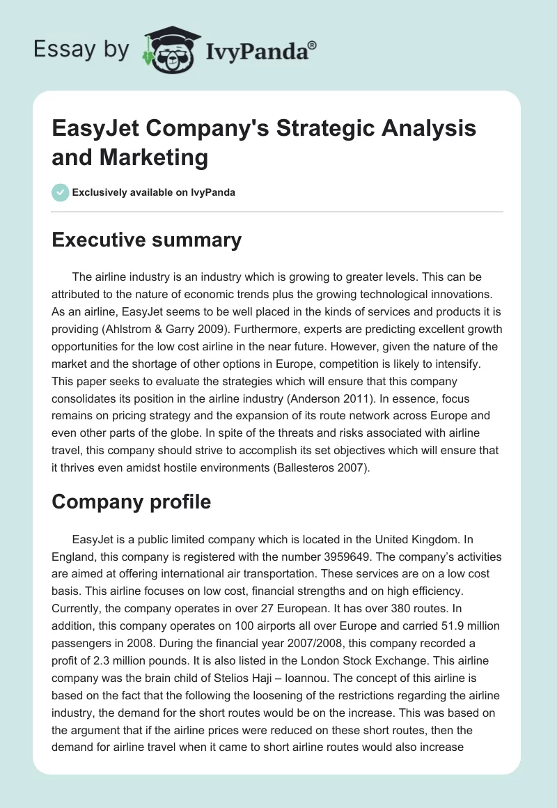 EasyJet Company's Strategic Analysis and Marketing. Page 1